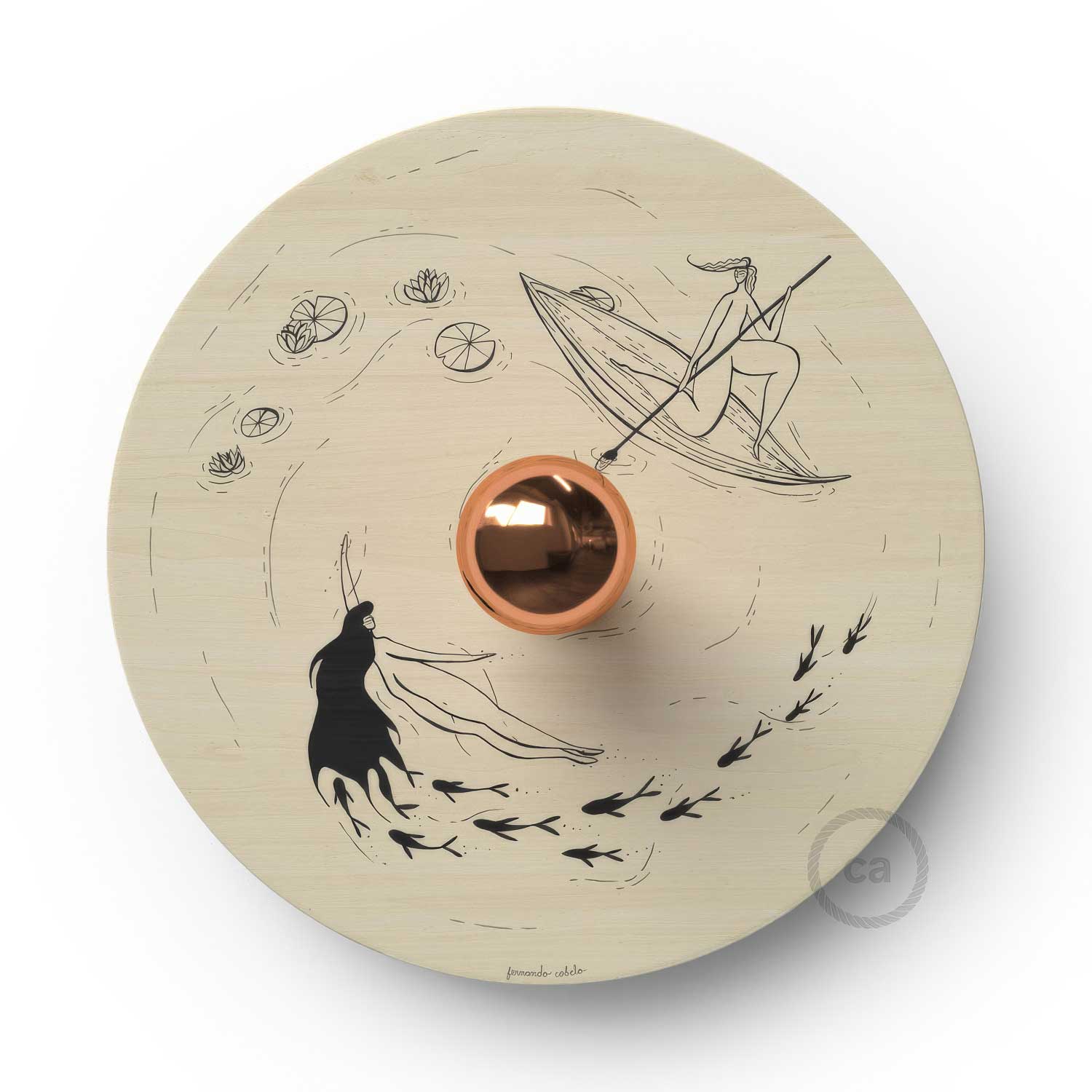 Fermaluce Romantic met UFO lampenkap in dubbelzijdig hout geïllustreerd door Fernando Cobelo - Image 4
