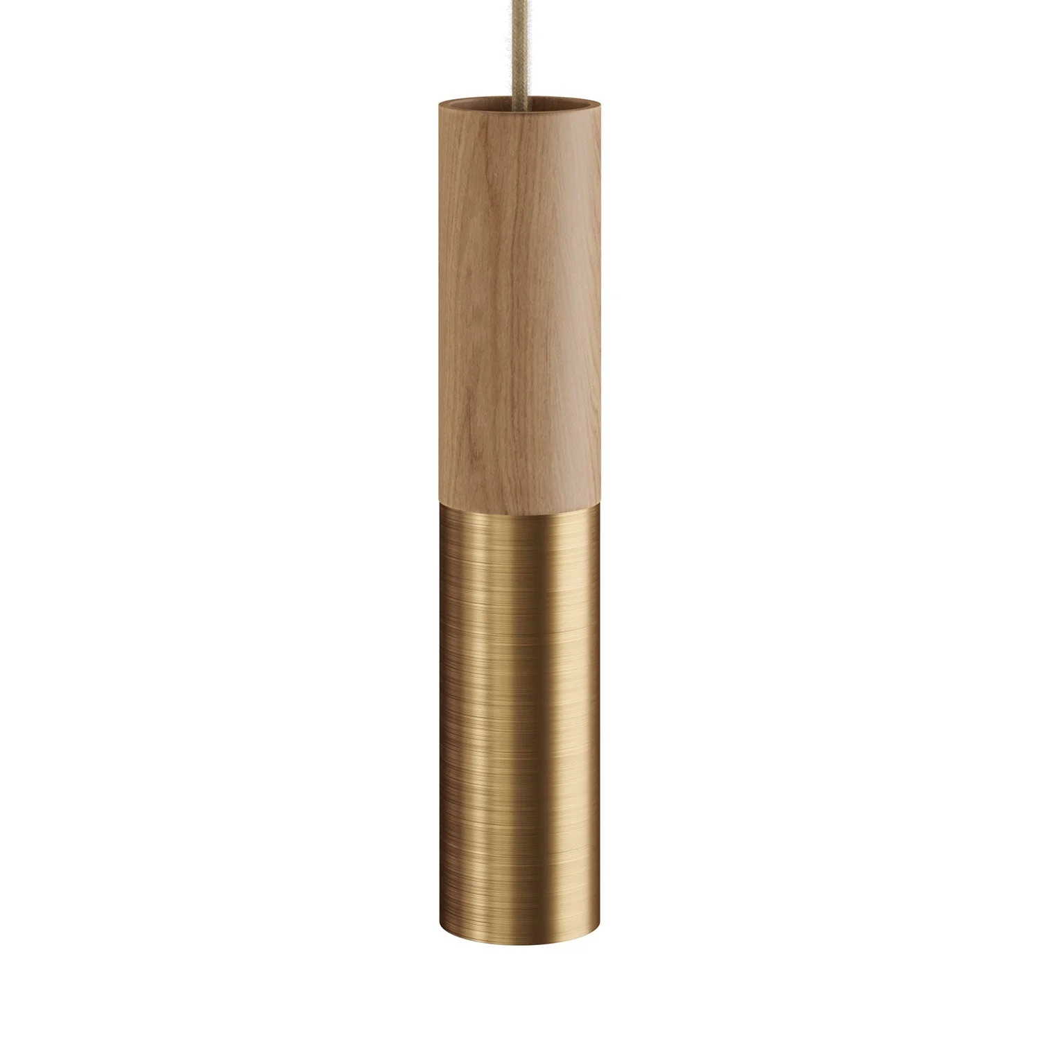 Hanglamp compleet met strijkijzersnoer en dubbele Tub-E14 lampenkap in hout en metaal - Geborsteld brons