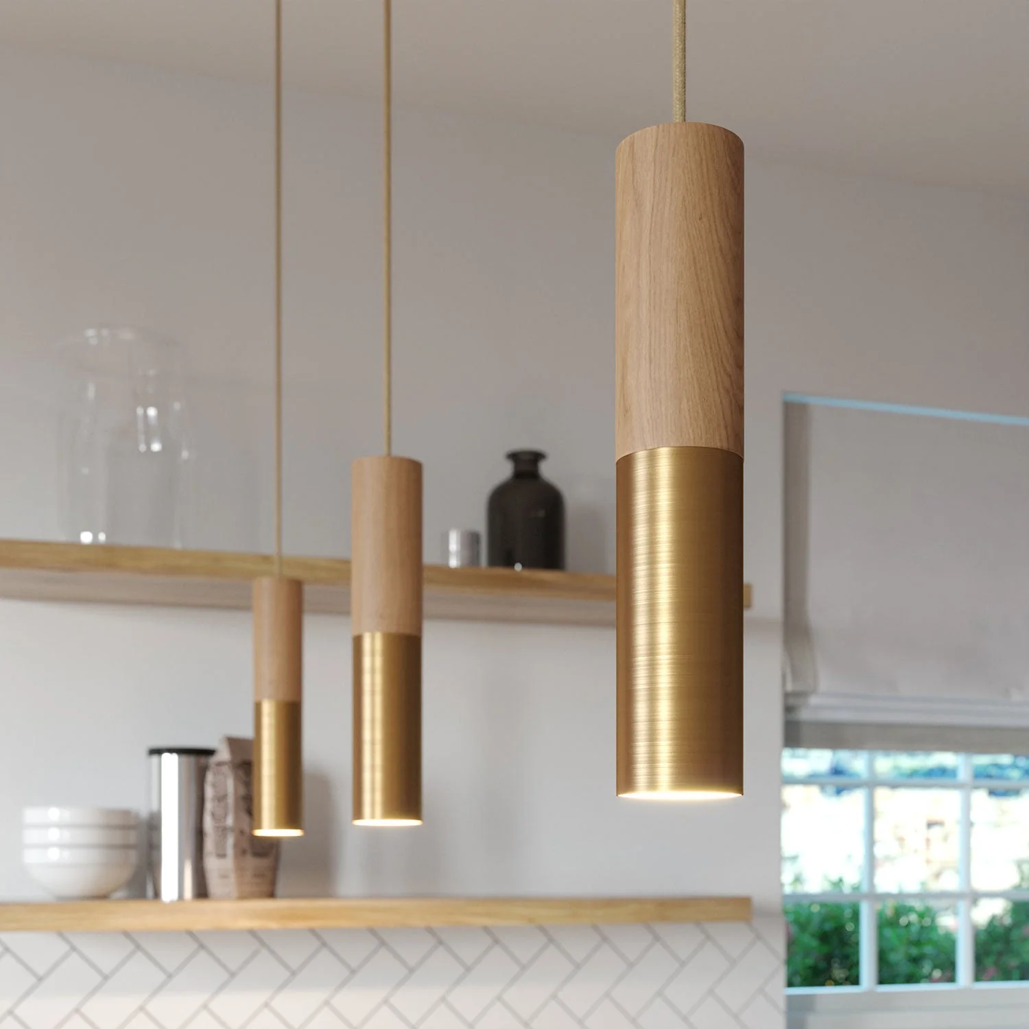 Hanglamp compleet met strijkijzersnoer en dubbele Tub-E14 lampenkap in hout en metaal - Geborsteld brons - Image 4