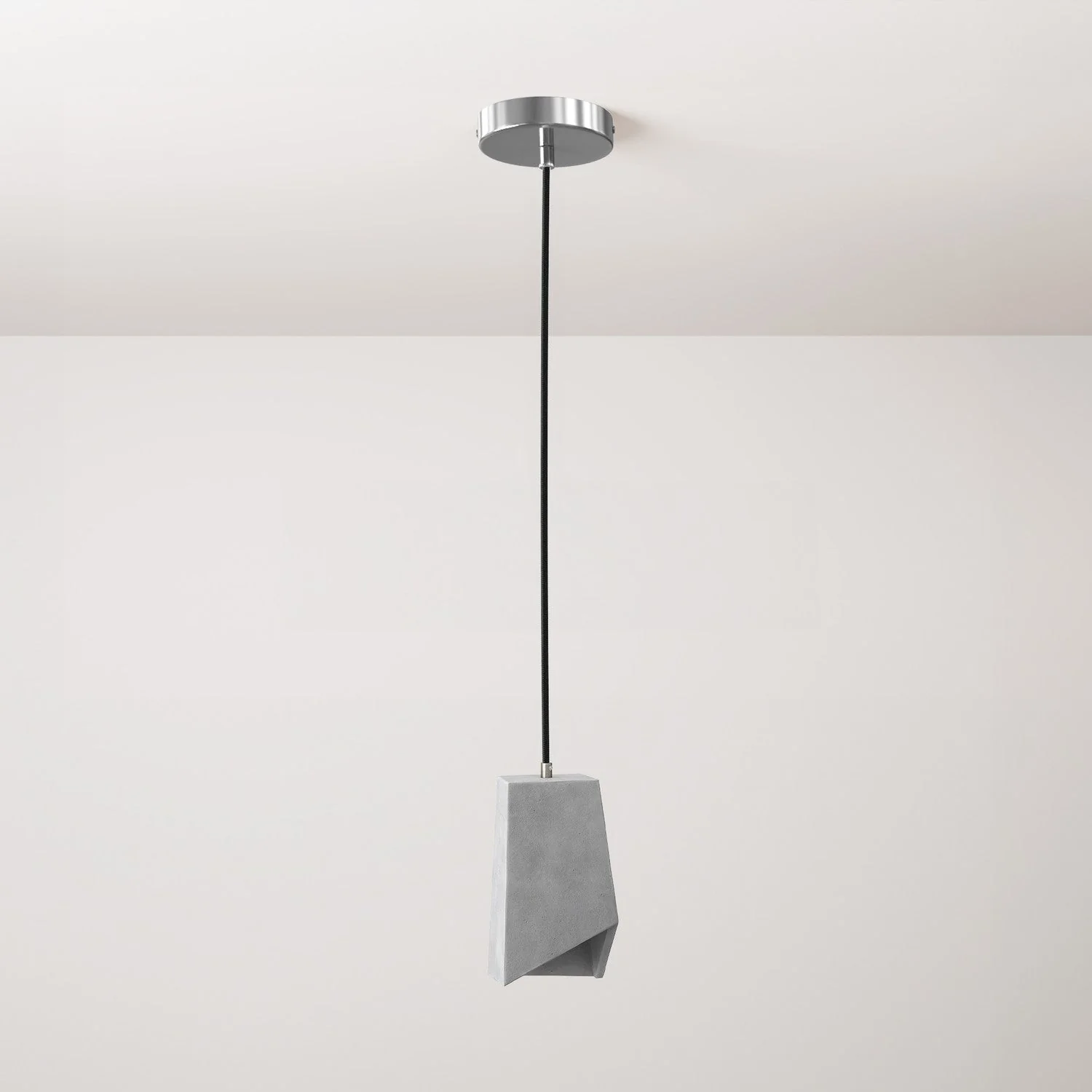 Hanglamp compleet met strijkijzersnoer, Prisma lampenkap in beton en metalen afwerking - Licht beton