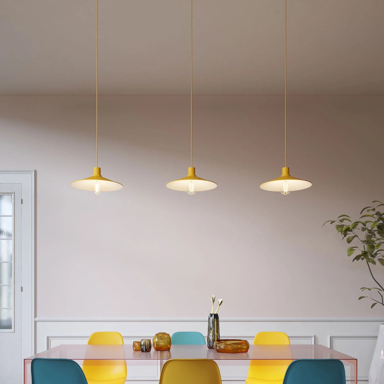 Hanglamp compleet met textiel strijkijzersnoer, Swing Pastel lampenkap en metalen afwerkingen - Mosterd - Image 2