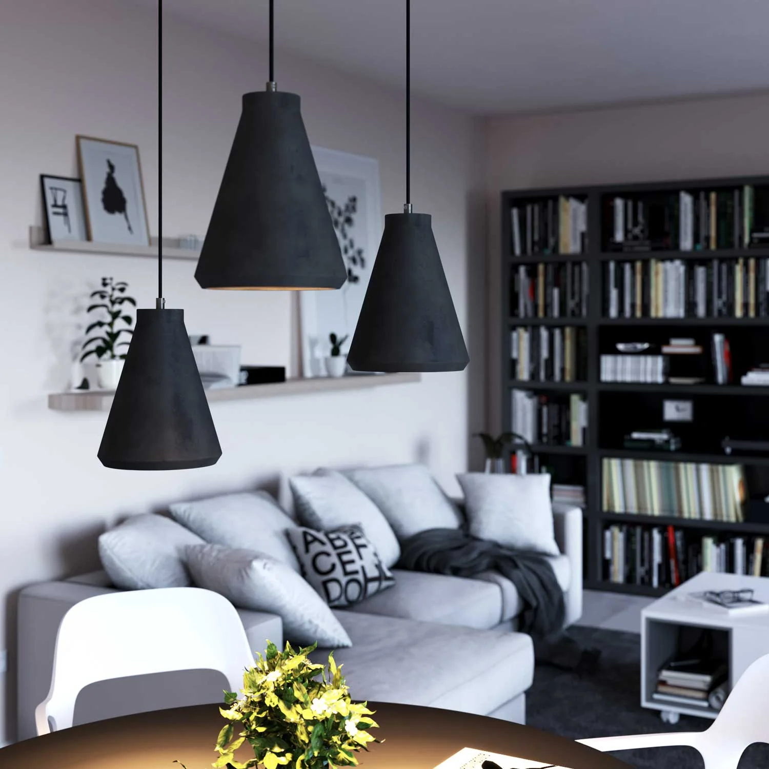 Hanglamp compleet met textiel strijkijzersnoer, Imbuto lampenkap van beton en metalen afwerkingen - Donker beton - Image 3