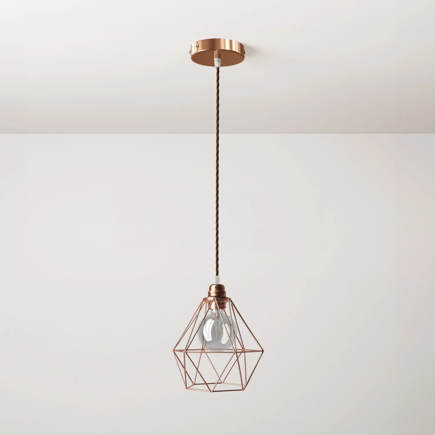 Hanglamp compleet met textiel strijkijzersnoer, metalen Diamond draadlampenkap en metalen afwerkingen - Koper
