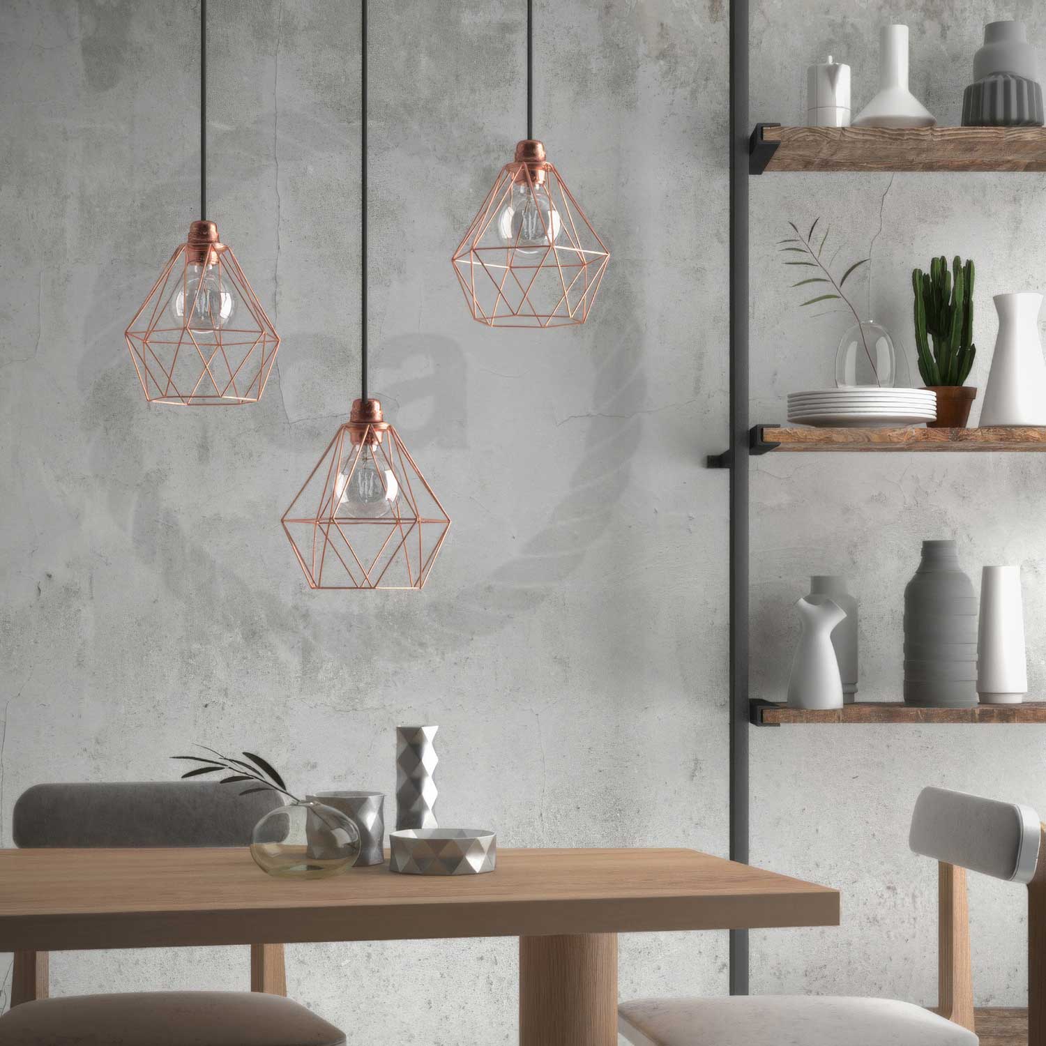 Hanglamp compleet met textiel strijkijzersnoer, metalen Diamond draadlampenkap en metalen afwerkingen - Koper - Image 3