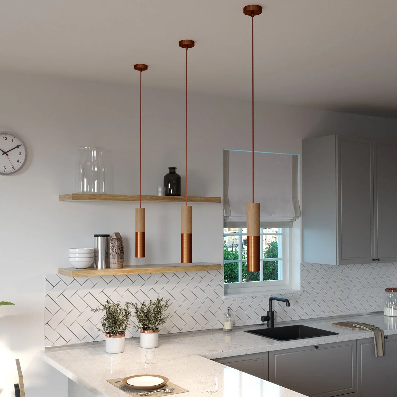 Hanglamp compleet met strijkijzersnoer en dubbele Tub-E14 lampenkap in hout en metaal - Geborsteld koper - Image 3