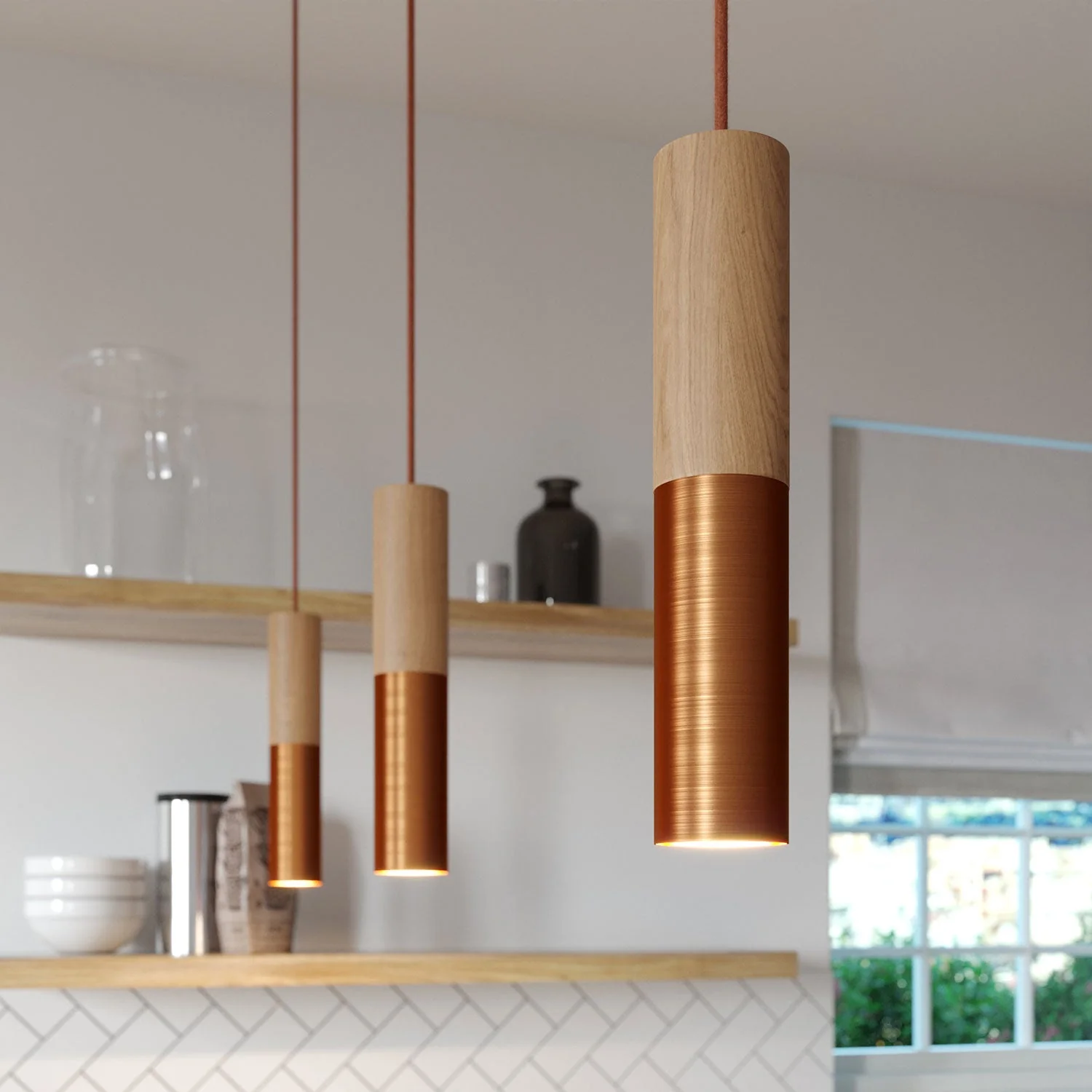 Hanglamp compleet met strijkijzersnoer en dubbele Tub-E14 lampenkap in hout en metaal - Geborsteld koper - Image 4
