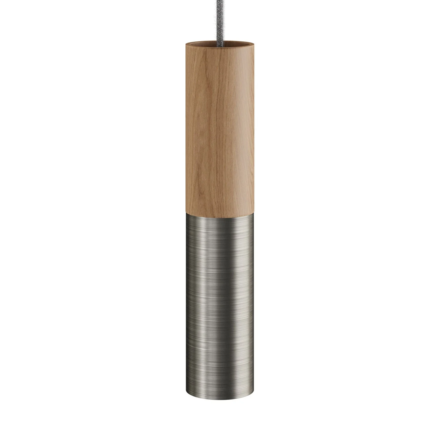 Hanglamp compleet met strijkijzersnoer en dubbele Tub-E14 lampenkap in hout en metaal - Gesatineerd titaan