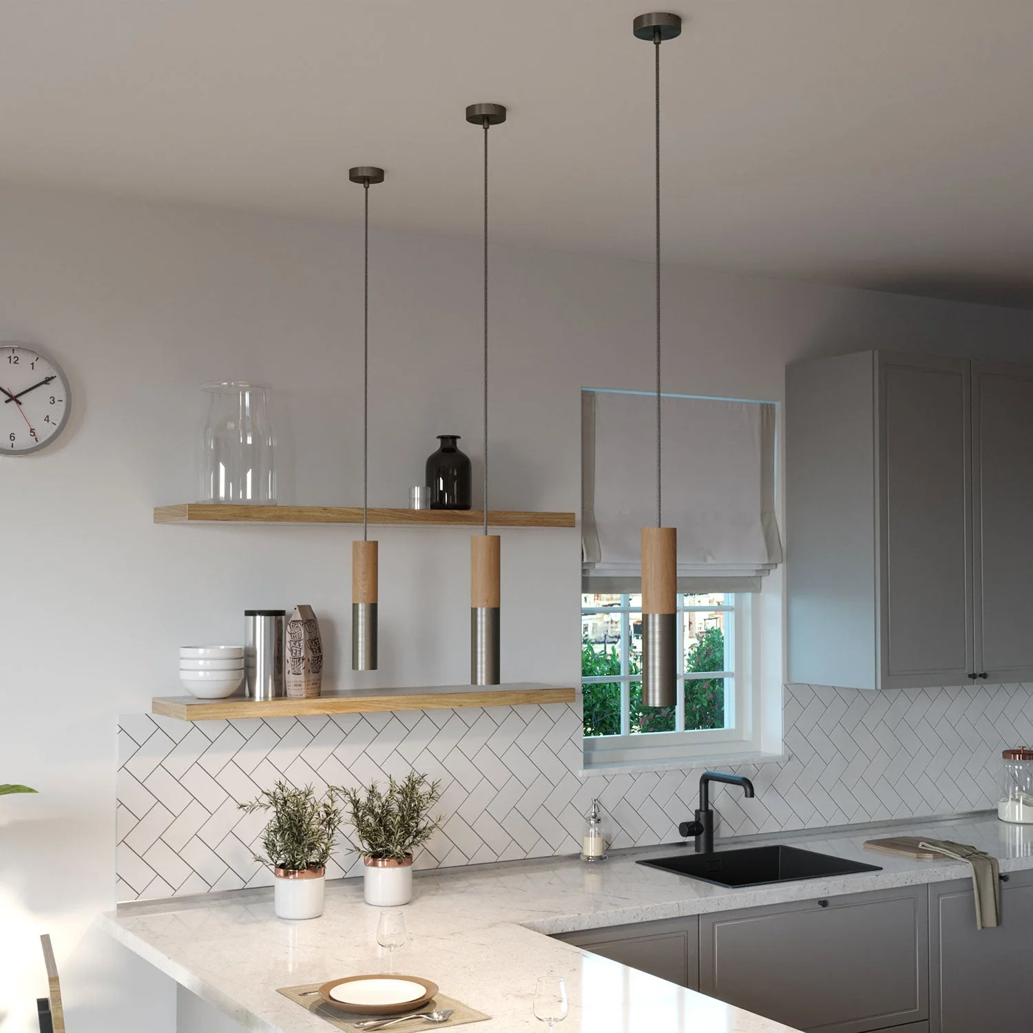 Hanglamp compleet met strijkijzersnoer en dubbele Tub-E14 lampenkap in hout en metaal - Gesatineerd titaan - Image 3