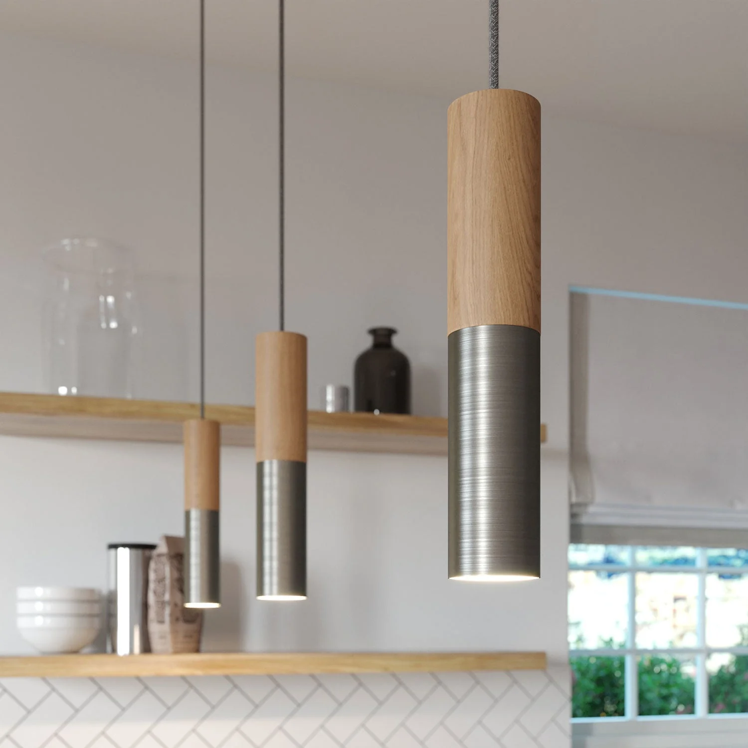 Hanglamp compleet met strijkijzersnoer en dubbele Tub-E14 lampenkap in hout en metaal - Gesatineerd titaan - Image 4
