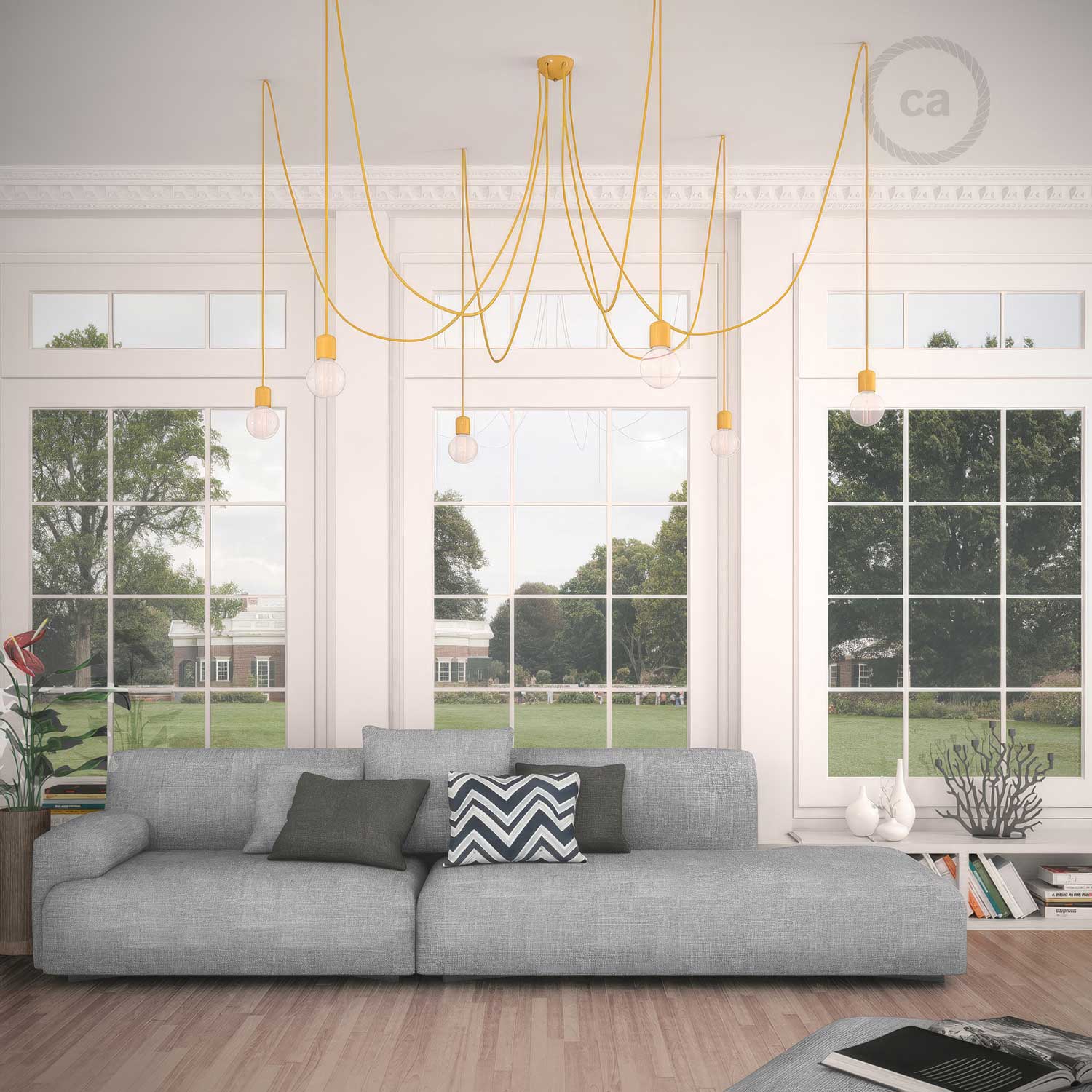 Meervoudige hanglamp met 6 snoeren en afwerkingen in gekleurde keramiek - Geel - Image 2
