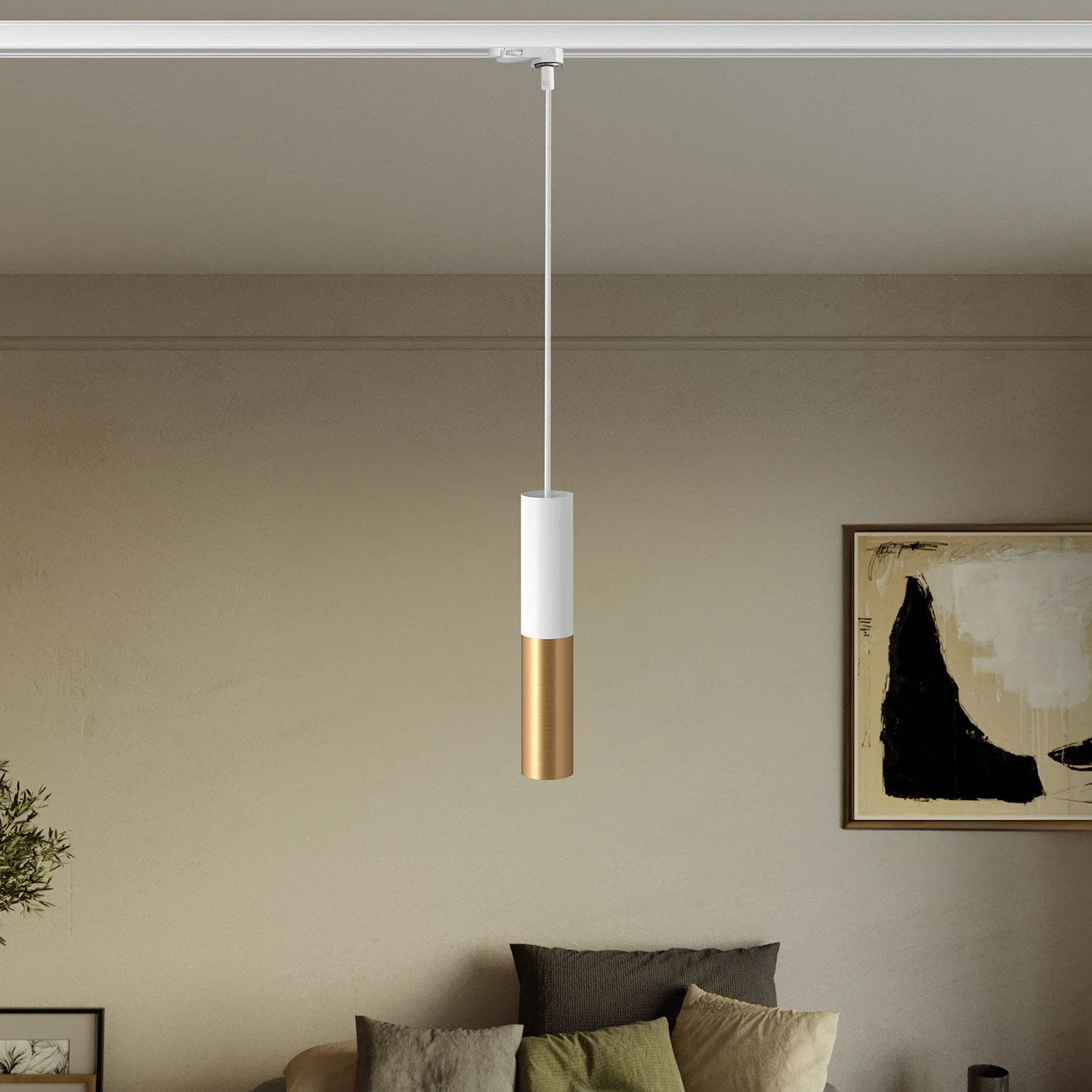 Hanglamp voor rails met dubbele lampenkap Tub-E14 - Wit en geborsteld brons - Image 2