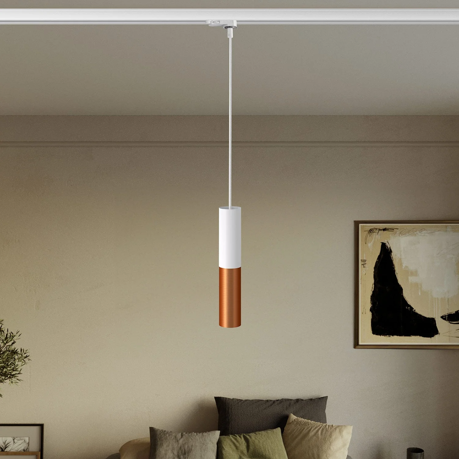 Hanglamp voor rails met dubbele Tub-E14 lampenkap - Wit en Mat Koper - Image 2