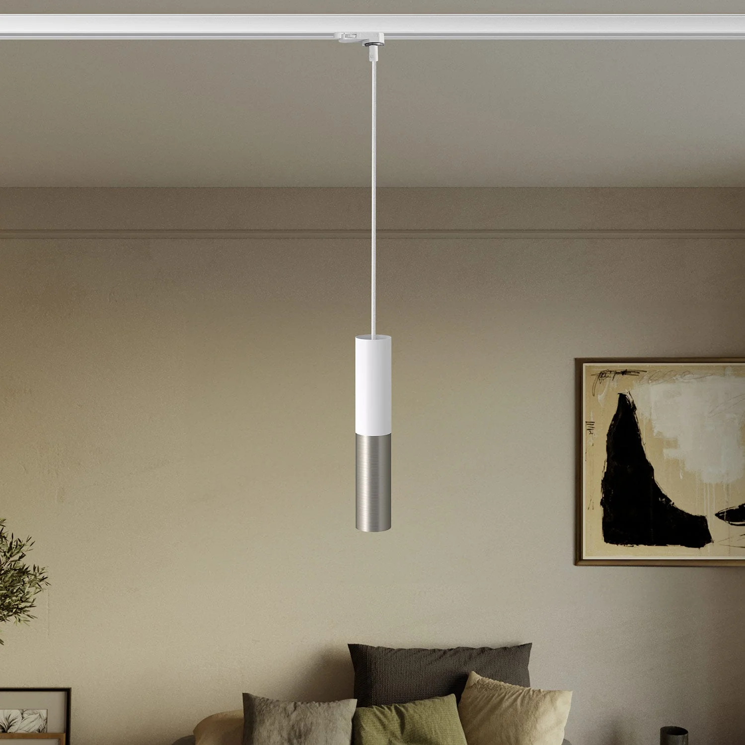 Hanglamp voor rails met dubbele lampenkap Tub-E14 - Mat wit en gesatineerd titanium - Image 2