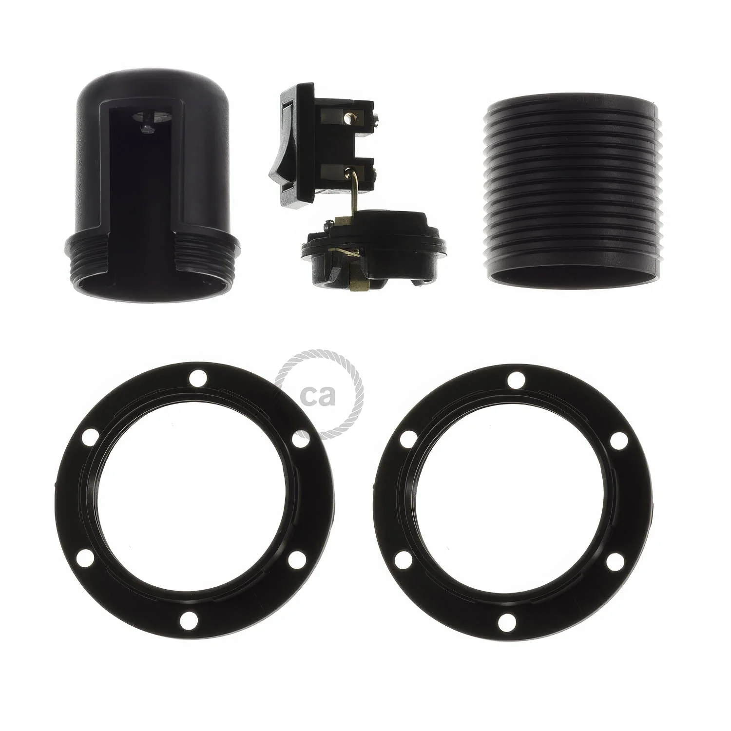 E27 fittingkit in thermoplast met dubbele ring voor lampenkap en schakelaar - Zwart - Image 2
