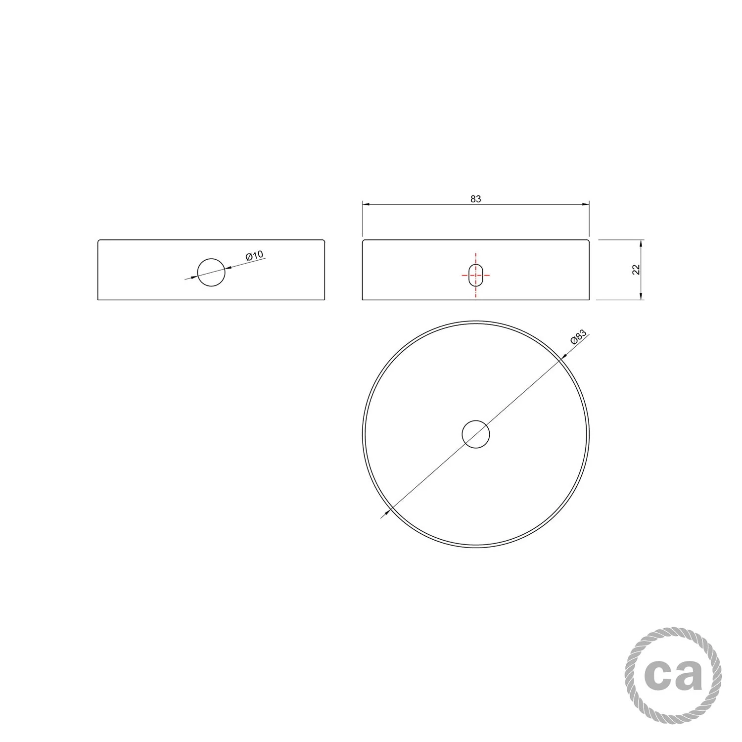 Mini plafondkap kit, cilindrisch in metaal met 1 centraal en 2 zijdelingse gaten - Geborsteld koper - Image 4