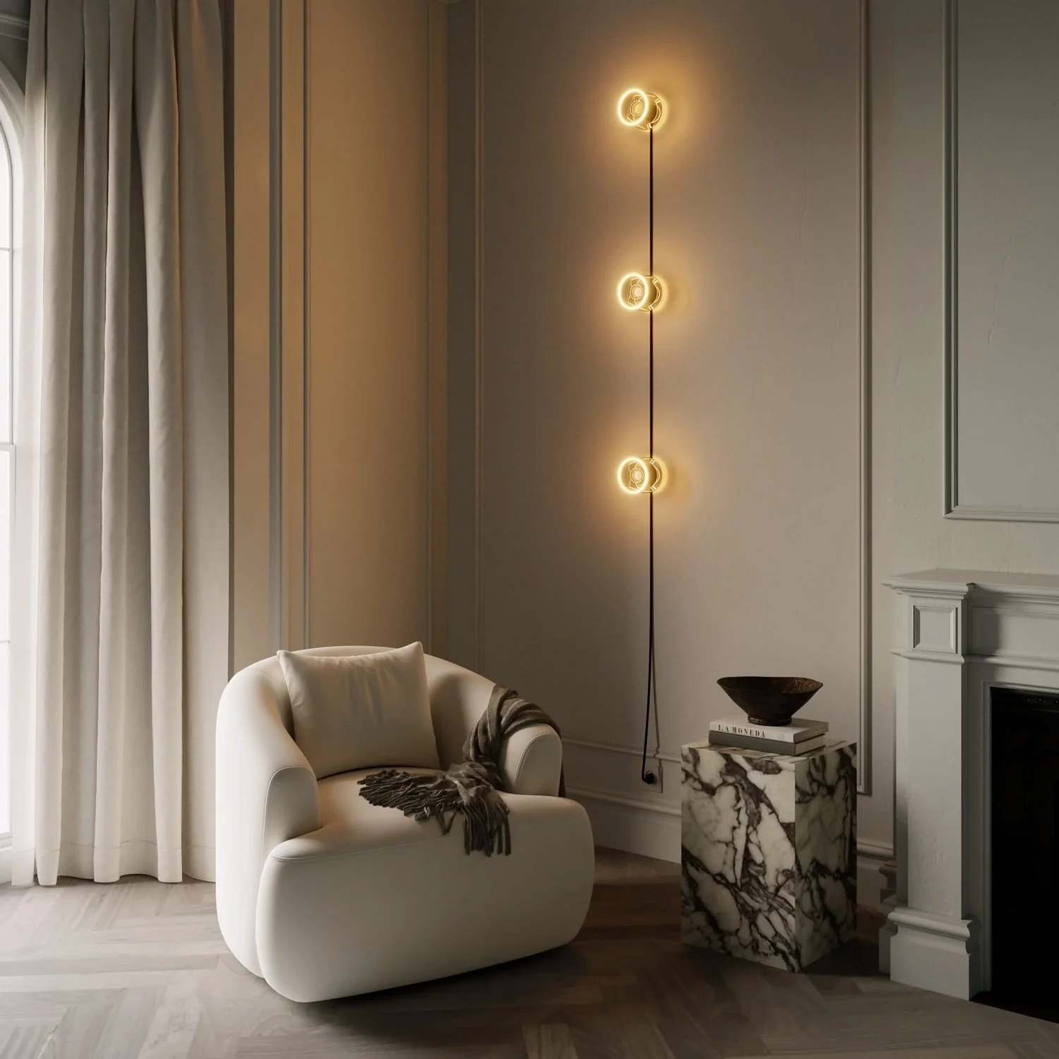 Wandlamp Spostaluce met stekker, 3 Ghost lichtbronnen en zwarte strijkijzersnoer - Image 2