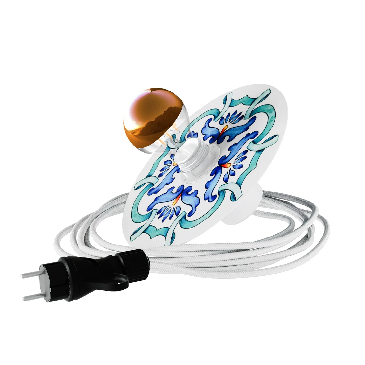Snake Eiva met mini Lampenkap Piatto Ellepì 'Maioliche' Blauw, draagbare IP65 buitenlamp met stekker.