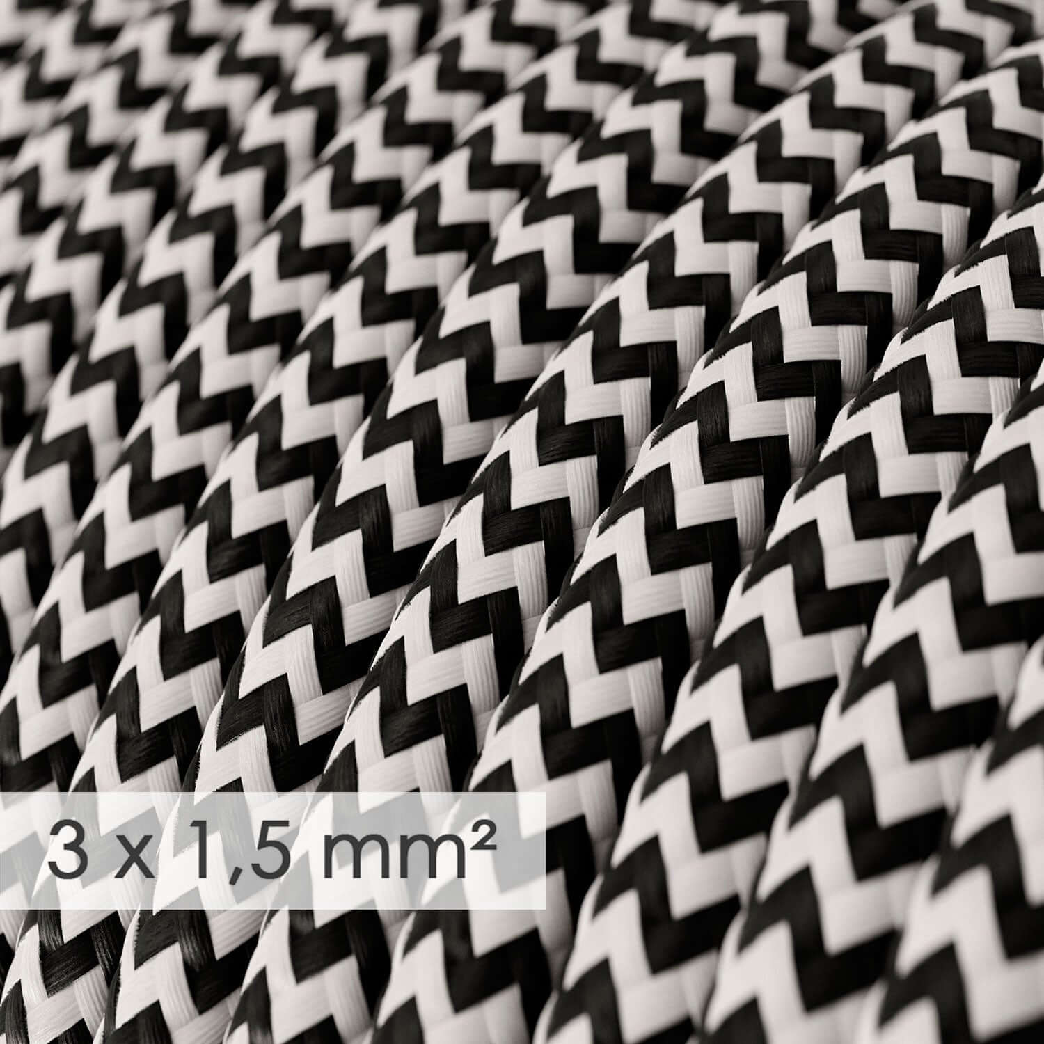 Elektrisch strijkijzersnoer met grote doorsnede 3x1,50 rond - stof met zijde-effect Zwart ZigZag RZ04 - Image 2